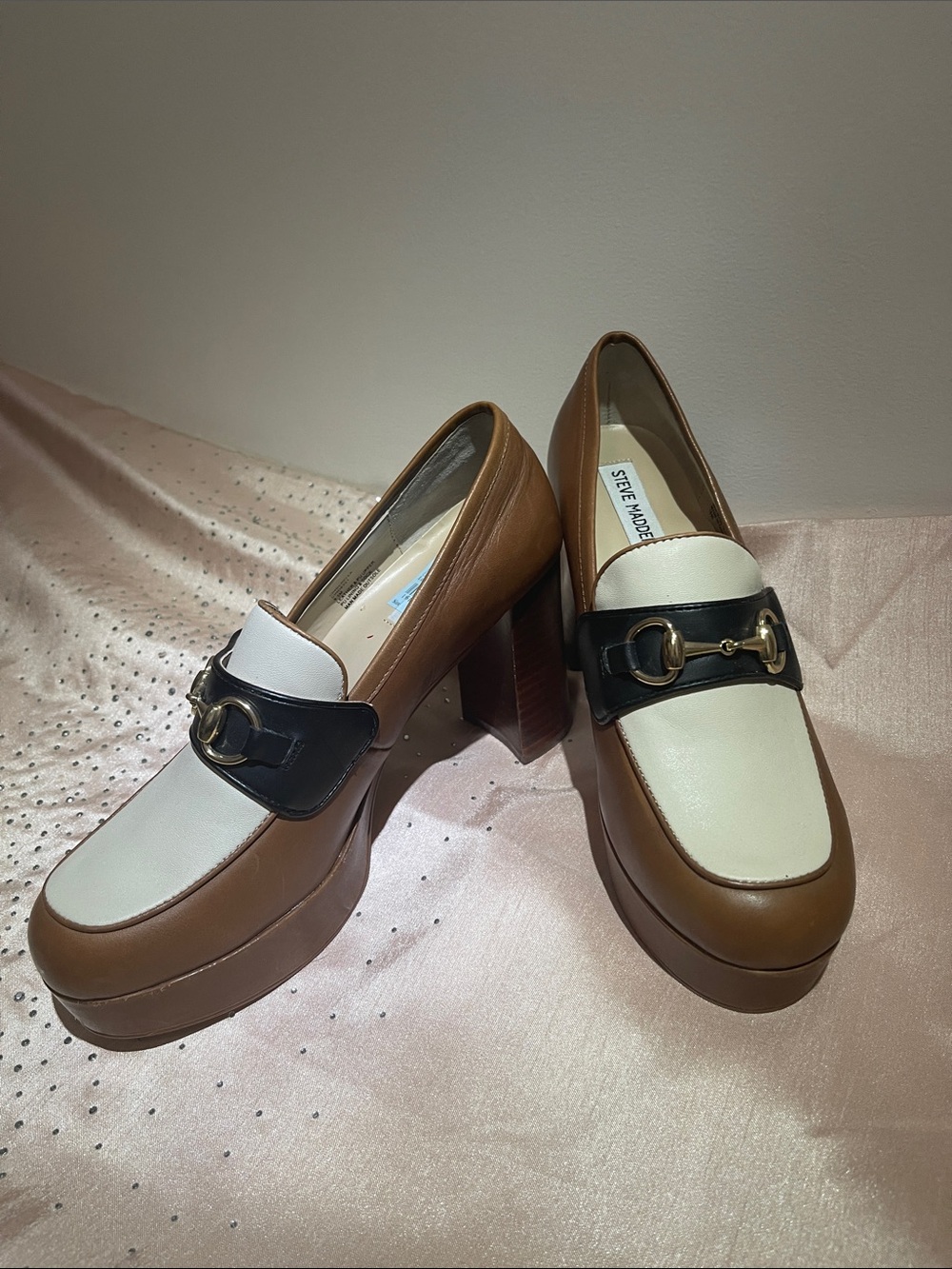 Steve Madden Brown, White & Black Platform Loafers with Gold Hardware